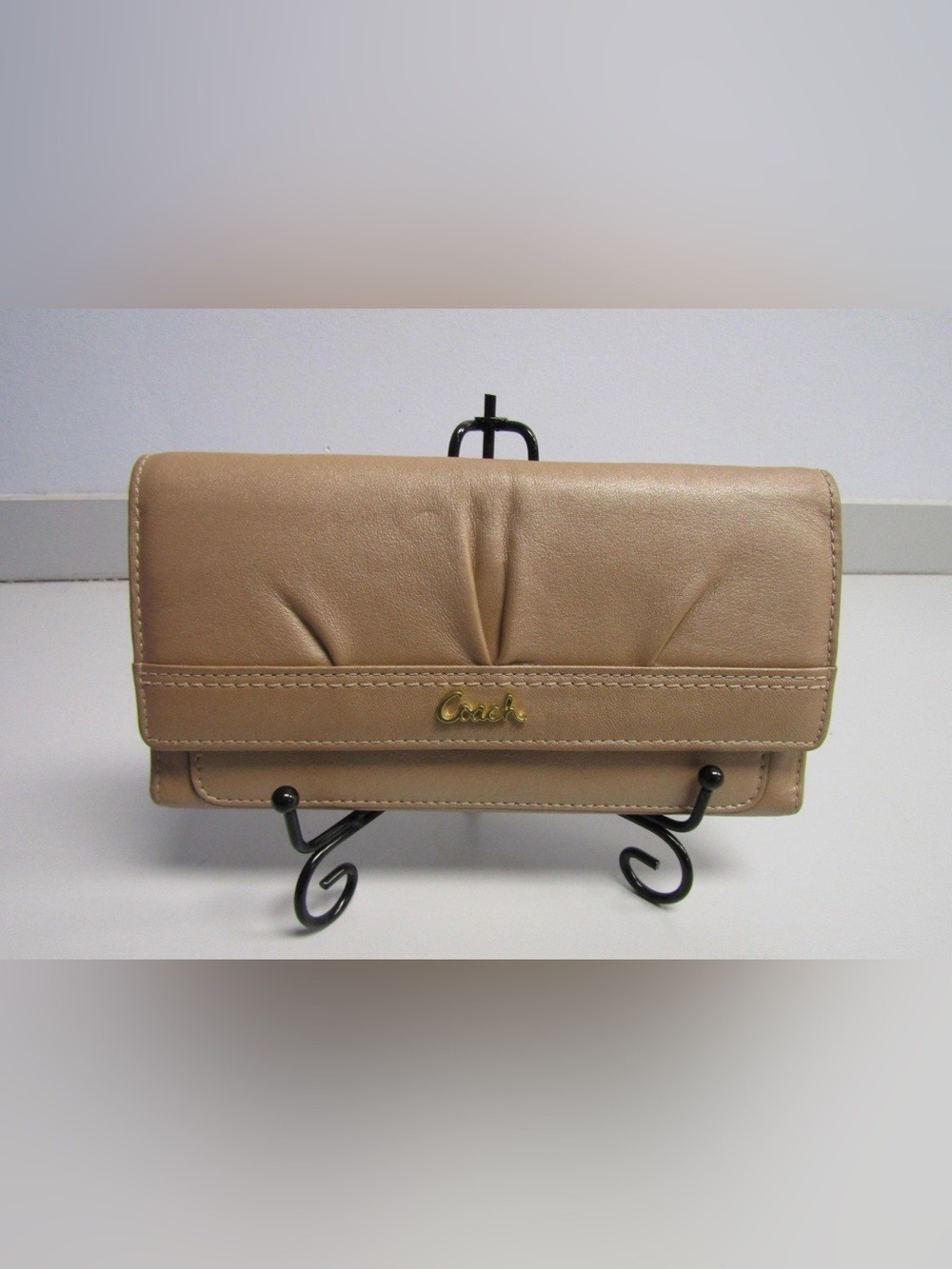 Coach Golden Beige Leather Fold-Over Clutch with Gold Logo